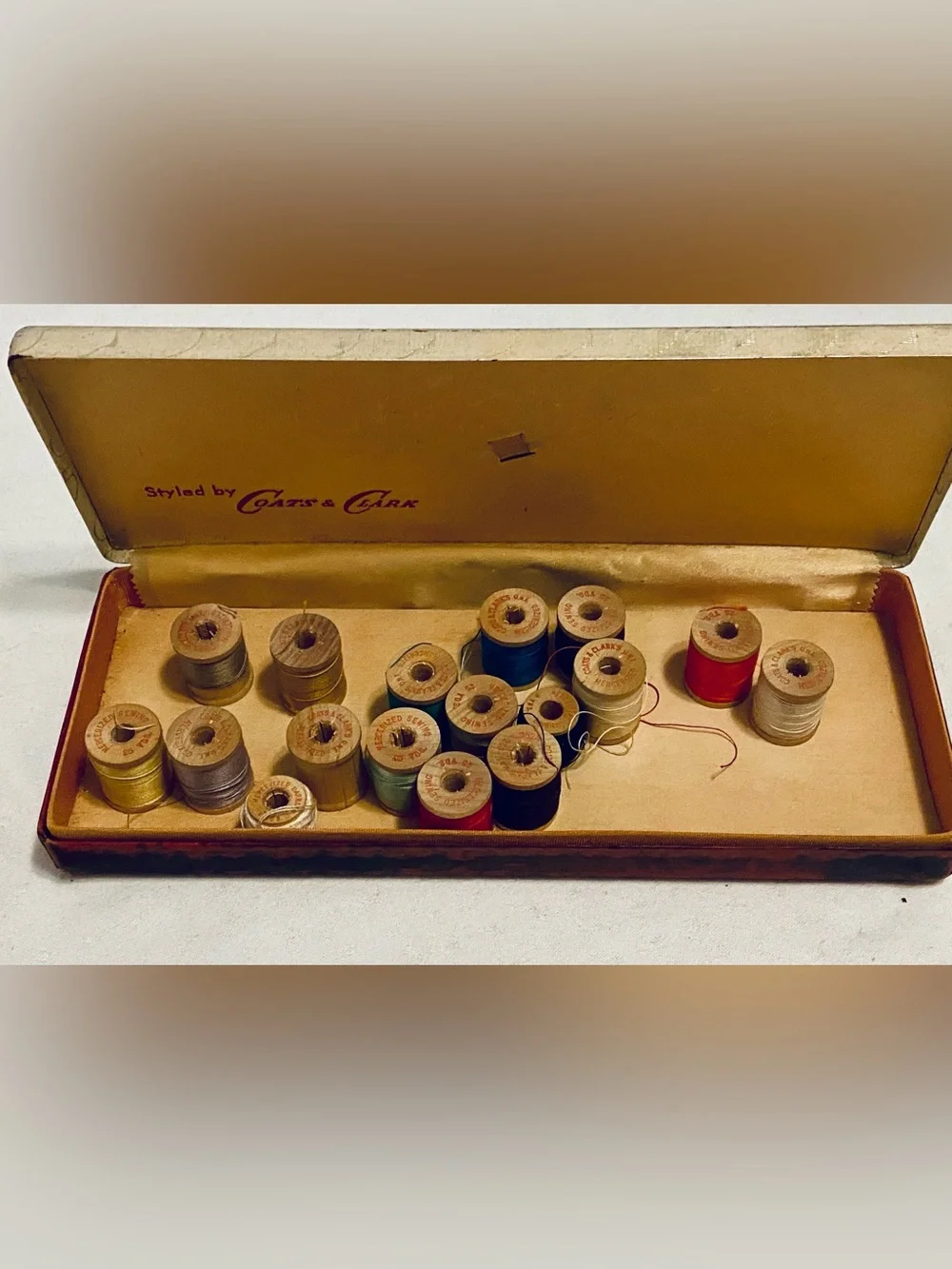 Coats and Clark Leatherette Case with Threads. Visible signs of age.